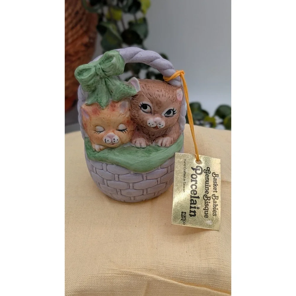 Vintage Enesco Basket Babies Porcelain Bell – Kittens in Basket – Genuine Bisque